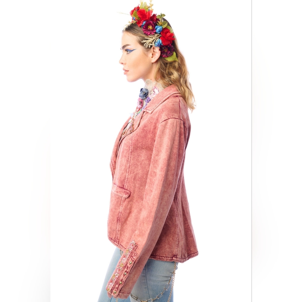NWT Floral Embroidered Pink French Terry Jacket - Picture 5 of 13